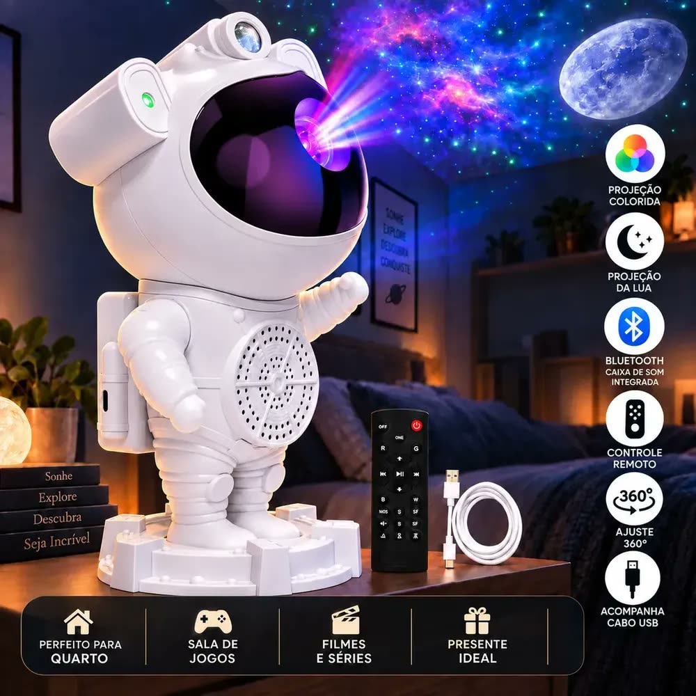 foto de Luminária Astronauta Lua Galáxa Estrela Led Bluetooth Efeitos Coloridos Caixa de Som Integrado 360° Ajustável Controle Remoto Perfeito para Dormir Luminaria de Mesa