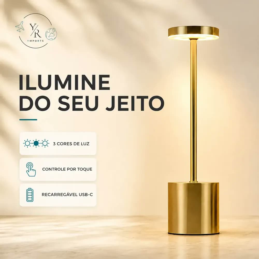 Luminária de Mesa Abajur LED Dourada Sem Fio Recarregável USB-C Touch Dimerizável 3 Tons de Luz para Quarto Cabeceira Restaurante YR Ymports