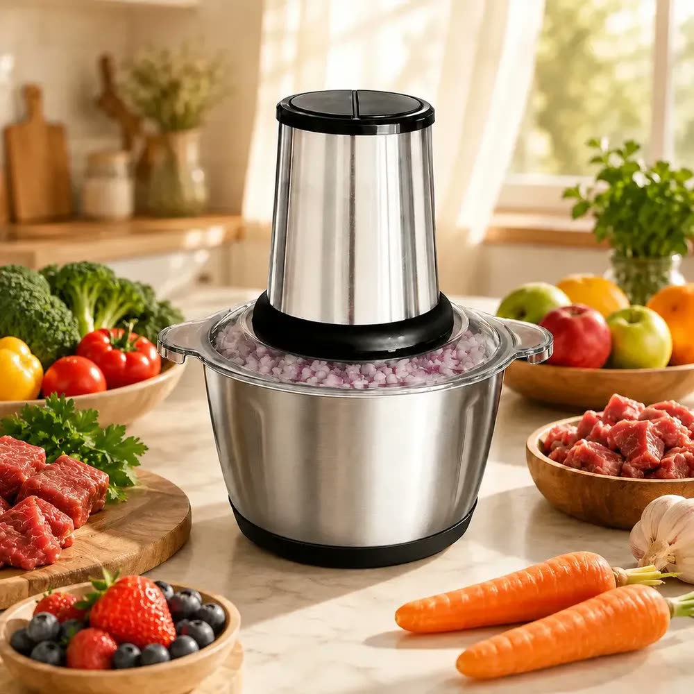 Multiprocessador Elétrico Triturador Alimentos Inox 2 Litros Moedor Carne Alho Legumes 110v Picador 4 Lâminas Tigela Aço Descascador com Tampa Tempero Turbo Processador Inoxidavel