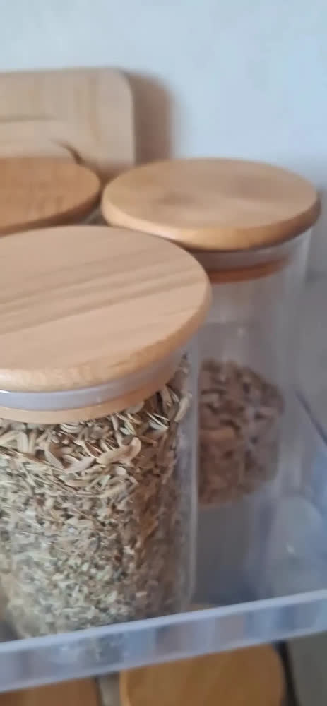 foto de Kit 6 Potes de Vidro Hermético 250ml Tampa Bambu Porta Mantimentos Organizador Cozinha Vedação Silicone temperos