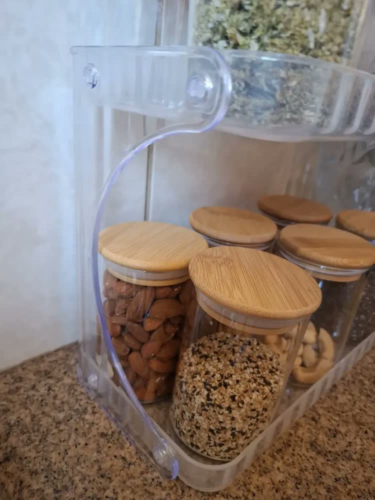 foto de Kit 6 Potes de Vidro Hermético 250ml Tampa Bambu Porta Mantimentos Organizador Cozinha Vedação Silicone temperos