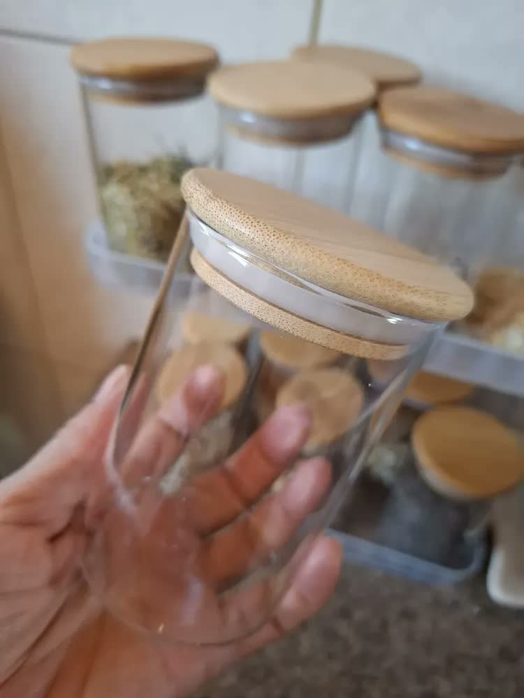 foto de Kit 6 Potes de Vidro Hermético 250ml Tampa Bambu Porta Mantimentos Organizador Cozinha Vedação Silicone temperos