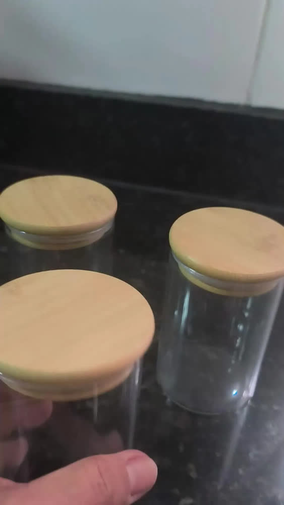 foto de Kit 6 Potes de Vidro Hermético 250ml Tampa Bambu Porta Mantimentos Organizador Cozinha Vedação Silicone temperos