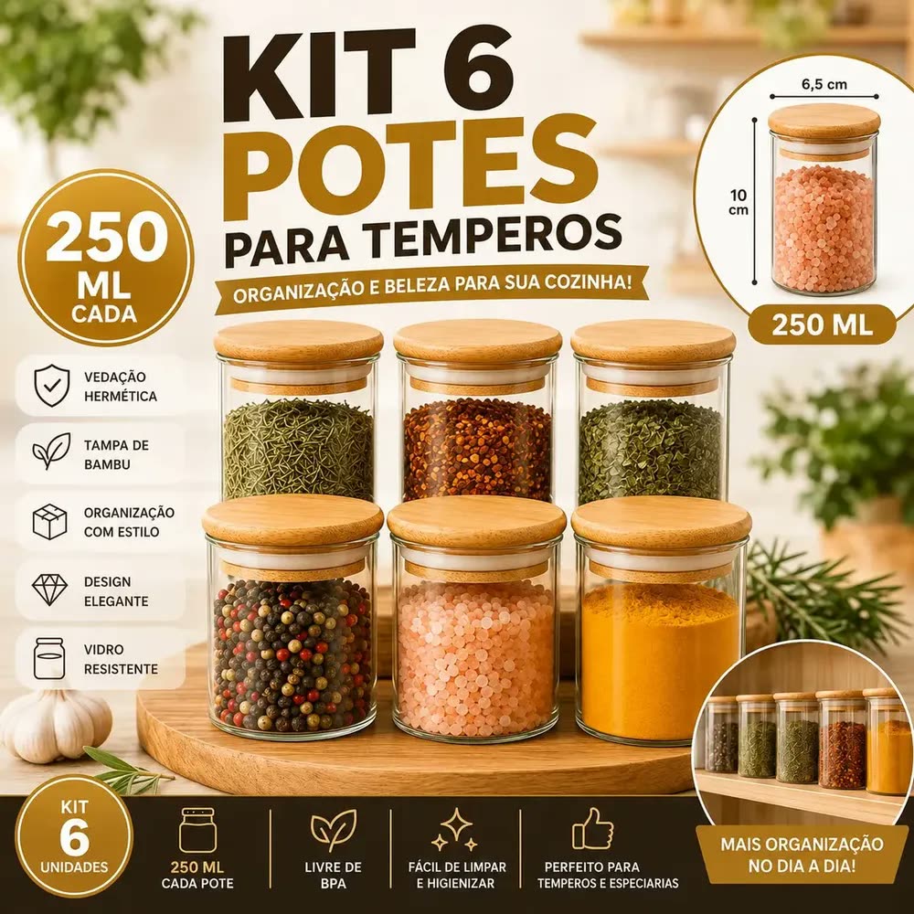 Kit 6 Potes de Vidro Hermético 250ml Tampa Bambu Porta Mantimentos Organizador Cozinha Vedação Silicone temperos