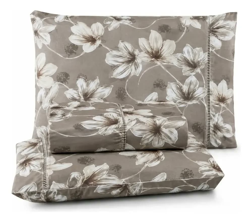 foto de Jogo De Lençóis Casa Laura Enxovais Lençol 400 Fios Floral Taupe Estampado