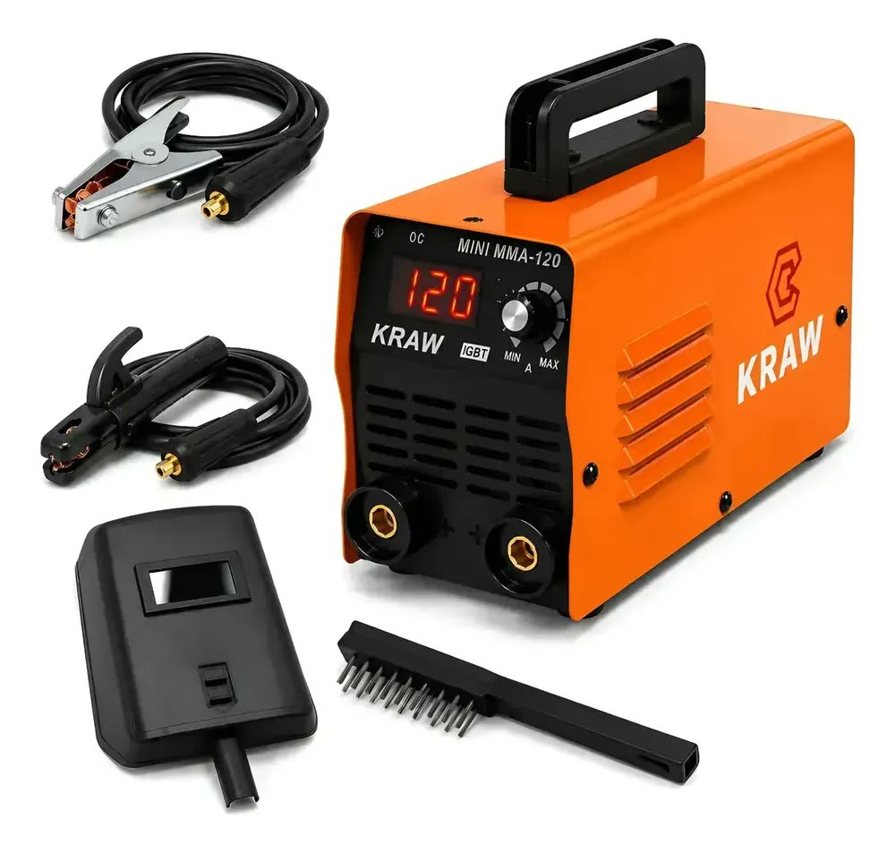 Máquina Solda Portátil Inversora Elétrica 3.75kw Mma120 Monofásica Mascara Eletrodo X-gun Laranja