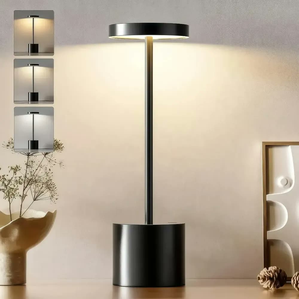 foto de Luminária Abajur Mesa Led Touch Sem Fio Marca Topyhome 3 Modos Dimerizável Fio Recarregável Candeeiro Quarto Sala Escritório Decoração Preto