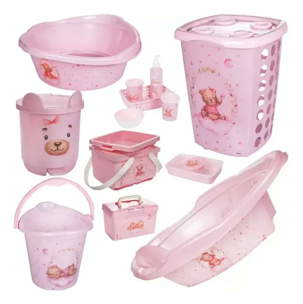 KIT PLASÚTIL LUXO BANHO DO BEBÊ CESTO ROUPAS INFANTIL BANHEIRA BACIA BALDE LIXEIRA CAIXA ORGANIZADORA KIT HIGIENE BEBÊ - URSA ROSA
