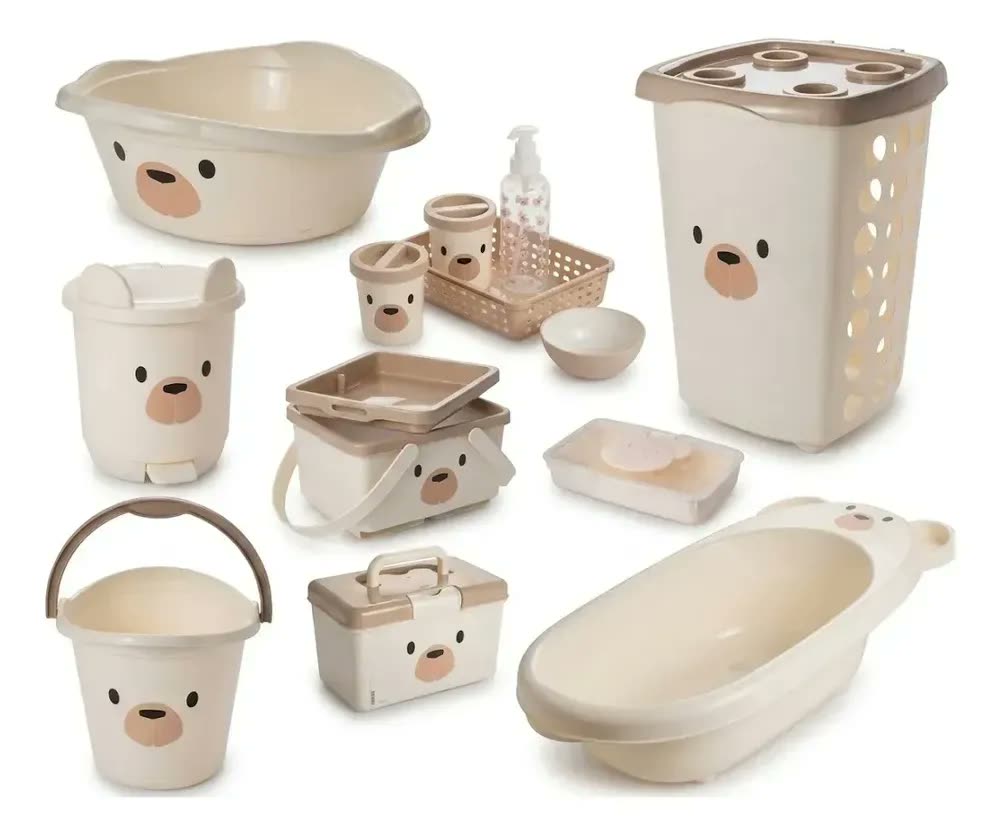 foto de KIT PLASÚTIL LUXO BANHO DO BEBÊ CESTO ROUPAS INFANTIL BANHEIRA BACIA BALDE LIXEIRA CAIXA ORGANIZADORA KIT HIGIENE BEBÊ - URSO BEGE