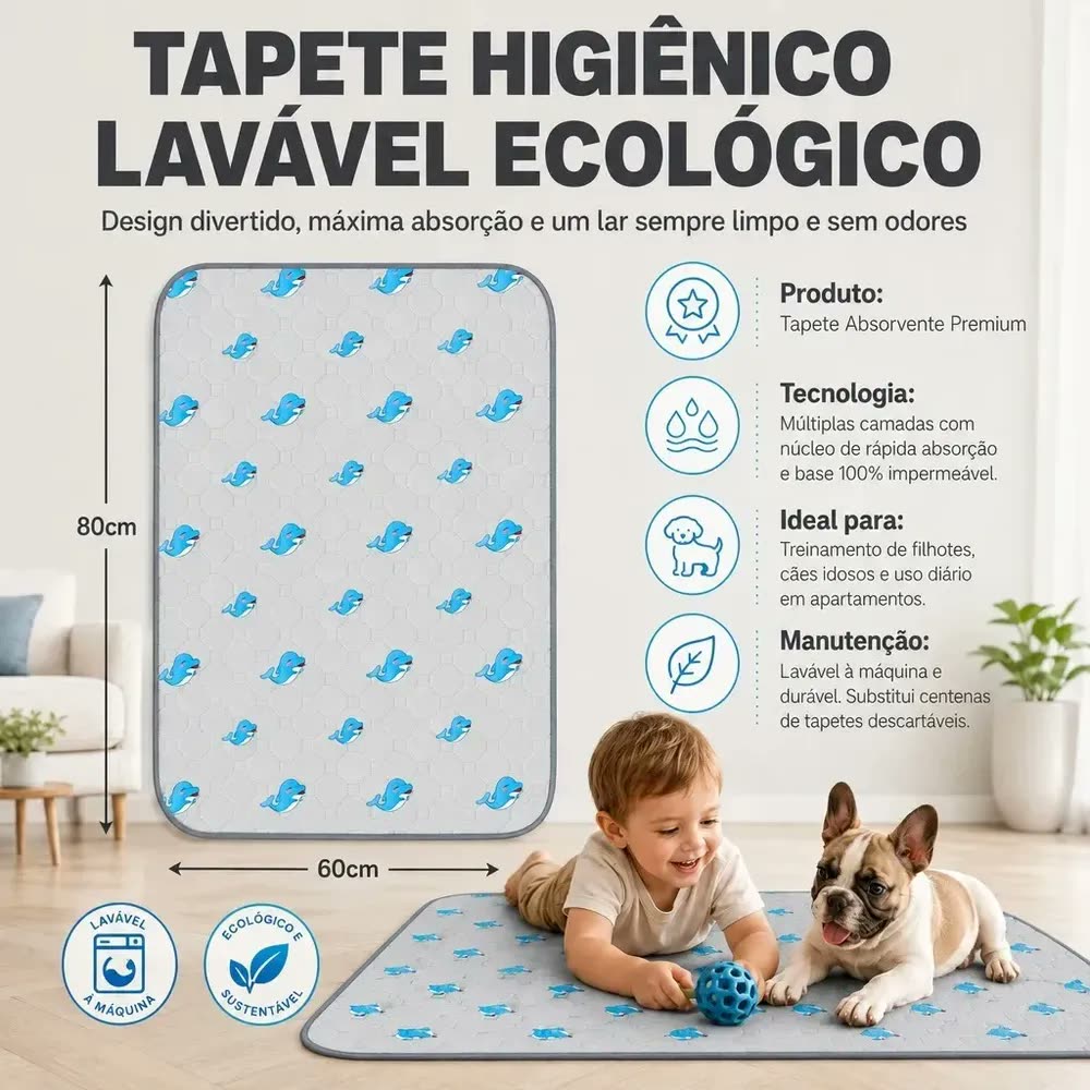 Tapete Higiênico Lavável New Pet para Cães e Gatos 80x60cm – Reutilizável e com Camada Impermeável