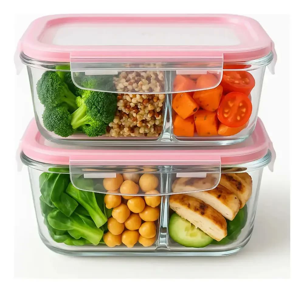 Kit 3 Potes De Vidro Com Divisória Herméticos Retangulares 640ml Com Tampa De 4 Travas Vedação Antivazamento Para Marmitas Freezer Micro-Ondas Forno Sem Tampa Lava-Louças Organização Casa - Hold On