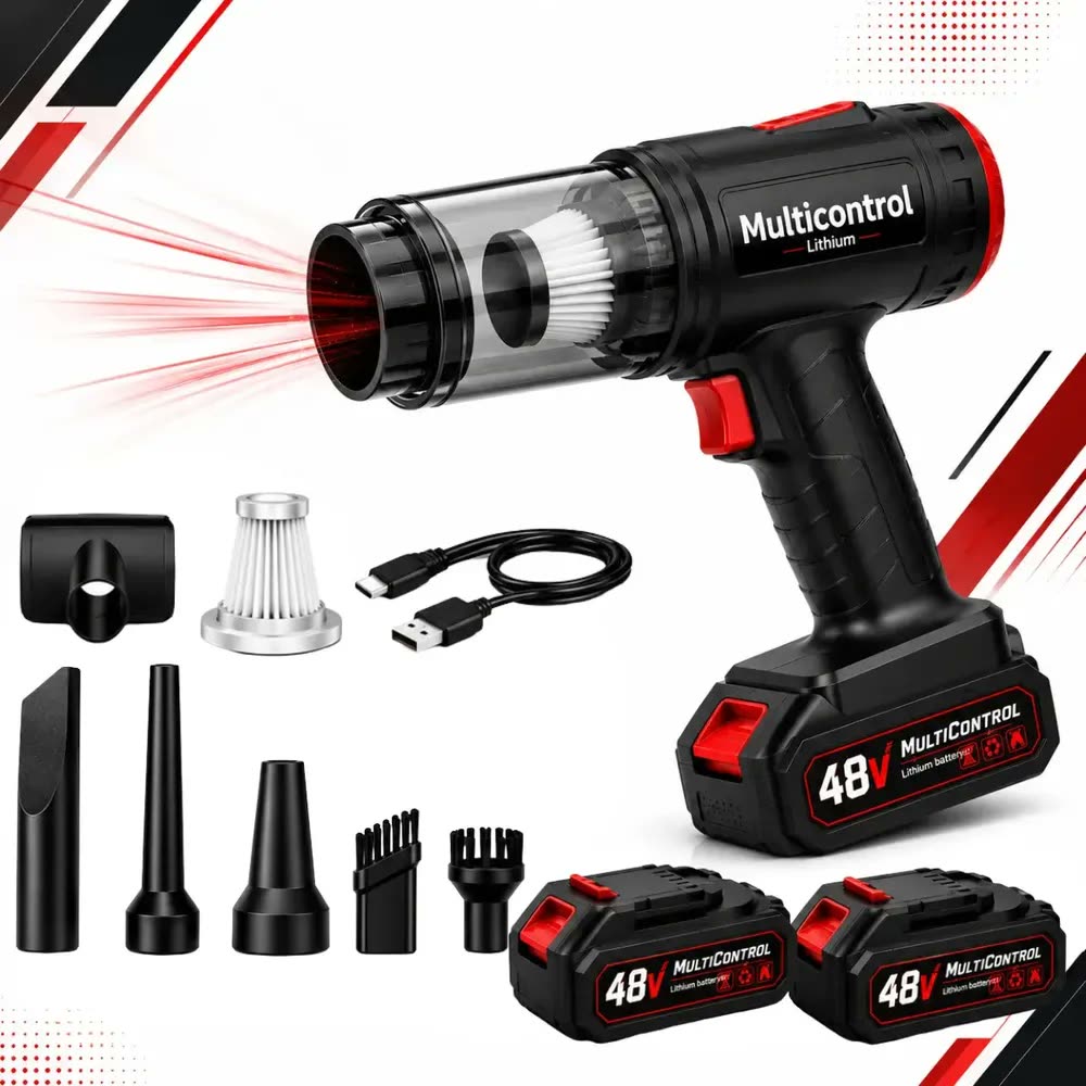 Aspirador De Pó Soprador Turbo Com 02 Baterias De 48V Recarregáveis Limpador Multifuncional Para Casa Carro Trabalho 3000mAh Preto - Multicontrol