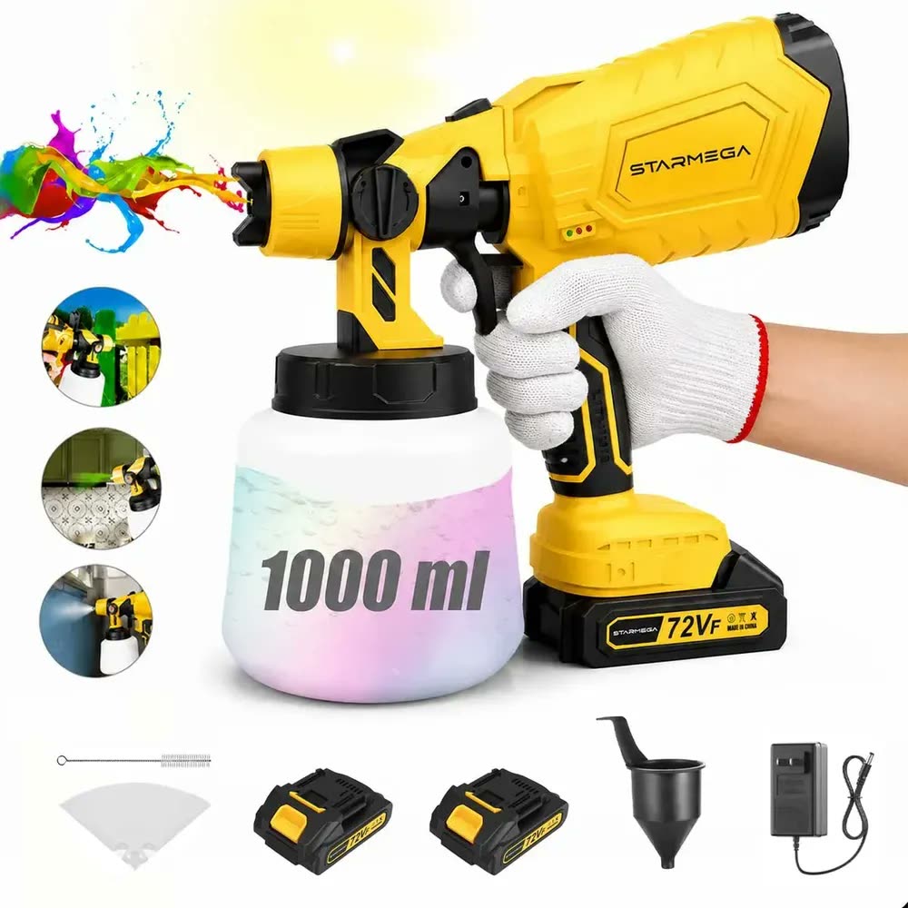 Pistola De Pintura Hvlp Elétrica Com 2 Baterias Portátil 1000ml 500W Sem Escovas Profissional Pulverizadora Espuma Viva