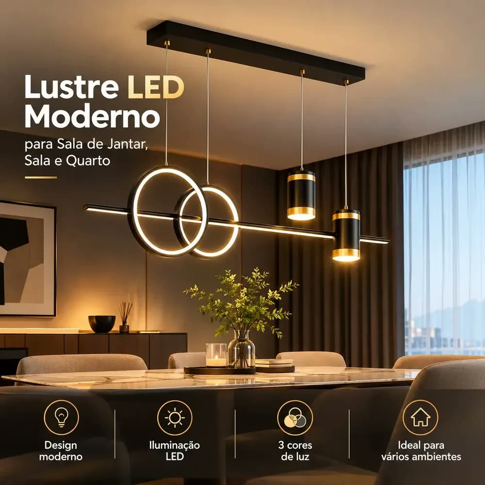 Lustre Sala de Jantar Moderno LED 3 Cores Luminária de Teto para Sala Quarto Lustre para Sala e Quarto Preto
