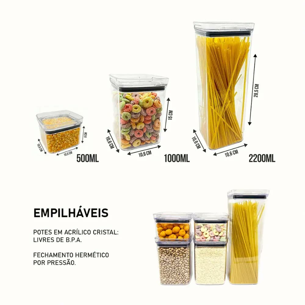 foto de Kit 20 Potes Porta Mantimento Herméticos 2,3litros 1,1litro 500ml Acrílico Empilhável Transparência Cristal Livre de BPA