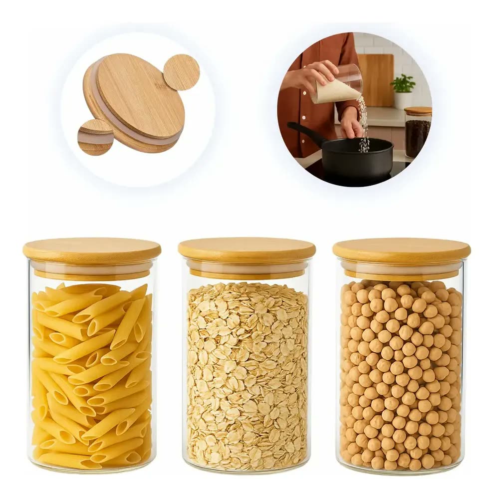 Kit 3 Potes De Vidro Hermético 1000ml Tampa De Bambu Incolor