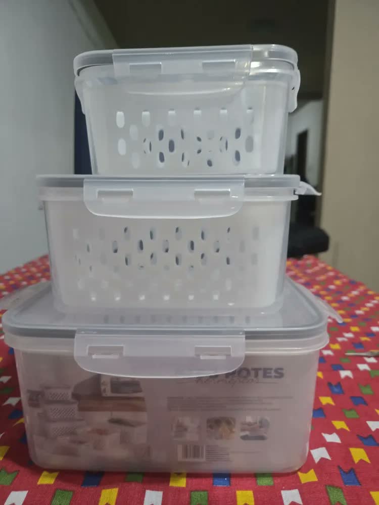 foto de Kit 3 Potes Hermeticos C/cesto Organizador C/trava Geladeira Branco