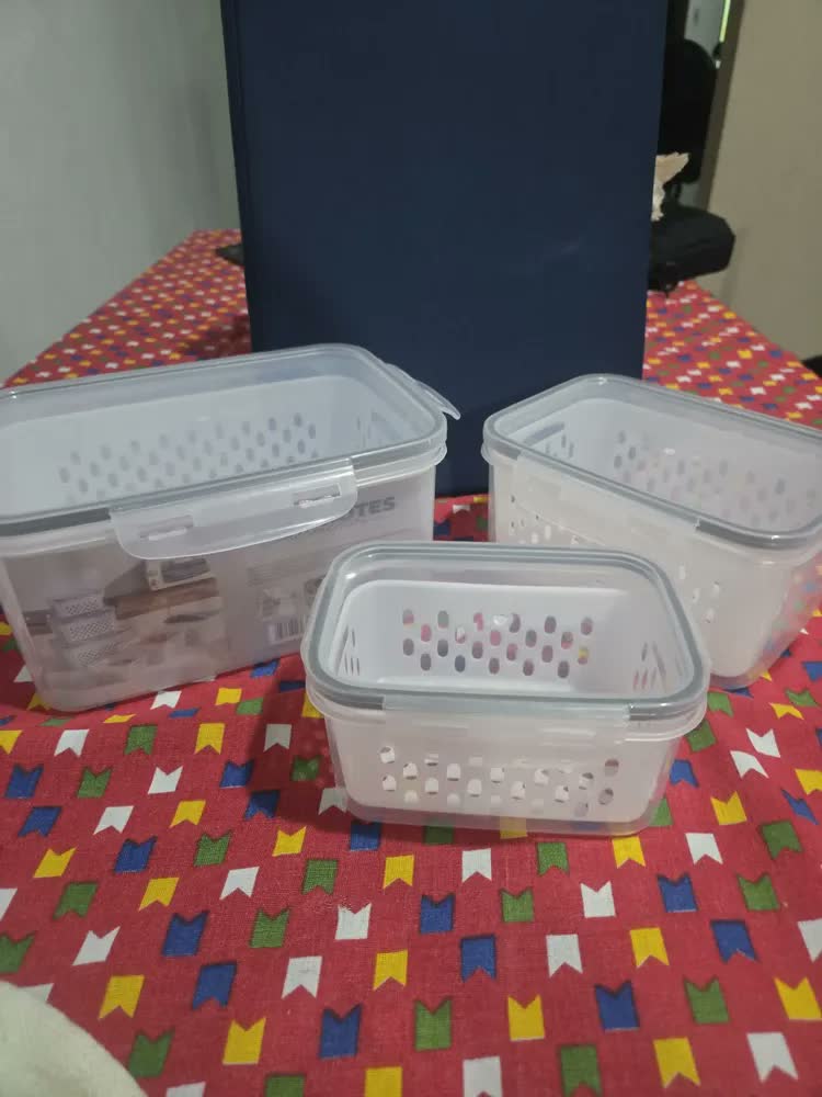 foto de Kit 3 Potes Hermeticos C/cesto Organizador C/trava Geladeira Branco