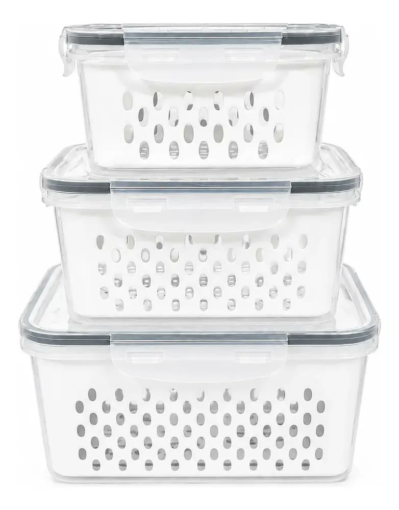 Kit 3 Potes Hermeticos C/cesto Organizador C/trava Geladeira Branco