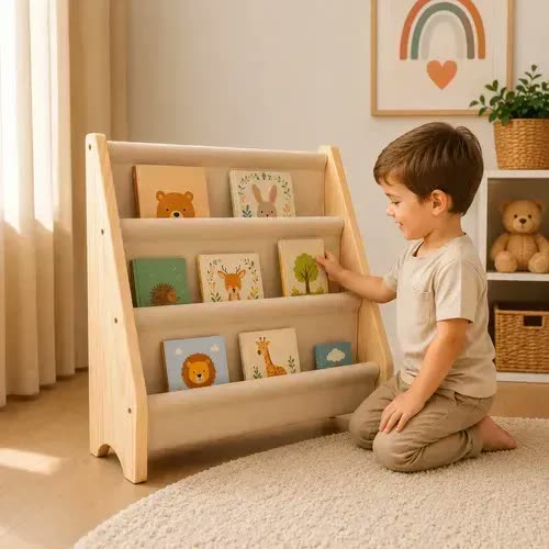 Porta Livros Infantil Mini Montessori Estante Organizador Bege