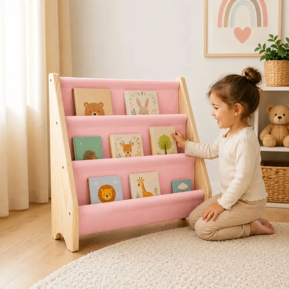 Porta Livros Infantil Mini Montessori Estante Organizador Rosa