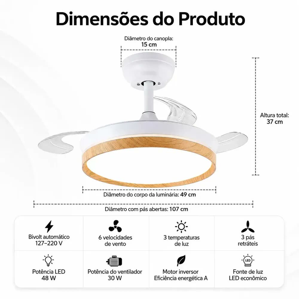 foto de Ventilador de Teto Silencioso Brightech 42 Polegadas Retrátil Bivolt com Controle Remoto e Luz LED, 3 Cores, 6 Velocidades, Reversível, Timer, Motor DC 30W, Ventilador Retratil Teto para Quarto e Sala