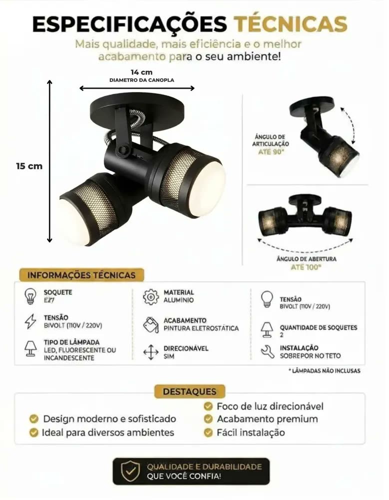 Luminária Teto Spot Duplo Sobrepor Alumìnio Preto TelhaLed Articulável Industrial Bocal E27 Bivolt