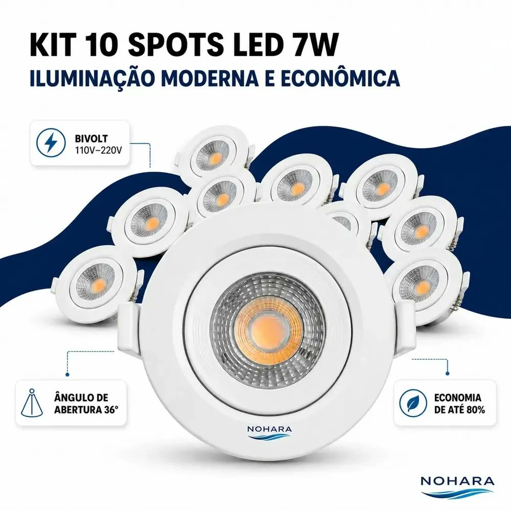 Kit 10 Spots LED de Embutir Nohara 7W Redondo Branco Frio para Teto