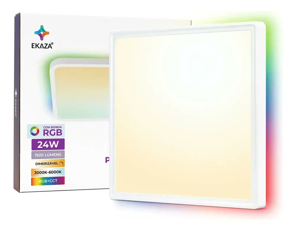 Painel Led Plafon Inteligente Smart Com Borda Rgb Sobrepor Quadrado 24w Alexa Google Home Branco Ekaza