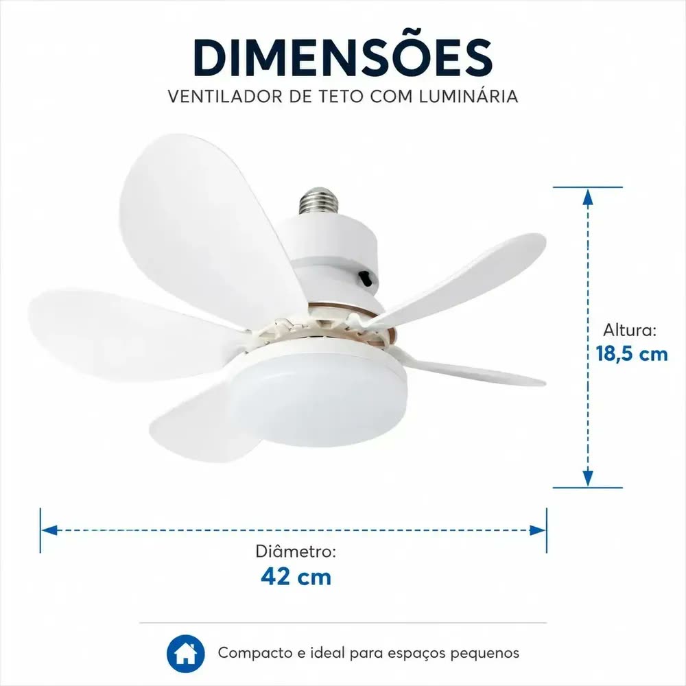 Ventilador de Teto SolViva Com Luz LED e Controle Remoto, 6 Pás de 42 cm, Silencioso e Bivolt
