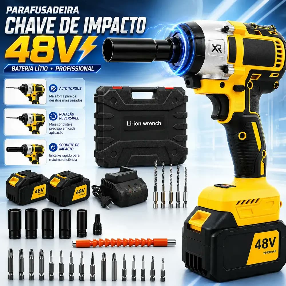 Chave De Impacto Profissional Com 2 Baterias Furadeira Parafusadeira Profissional Mandril 1,2 Quadrado Torque 350Nm 0-3500Rpm Velocidade Variel Carregador Bivolt Motor Sem Escova E Acessórios Maleta