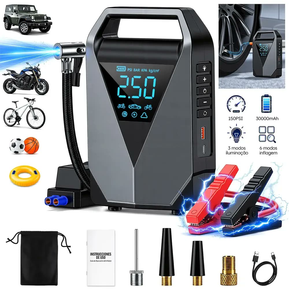 aweshine Compressor de Ar Portátil 150PSI Automotivo com Auxiliar Partida Portátil,6 Modos Inflagem, Power Bank, Tela Digital Grande, Lanterna Emergência 3 Modos Compatível Carro Moto Caminhão