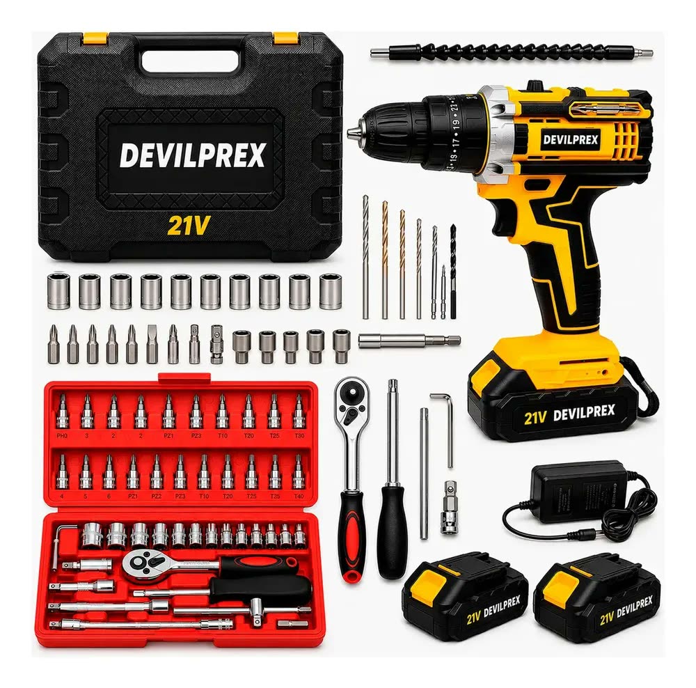 Kit Parafusadeira Furadeira De Impacto 2 Baterias + Kit 46 Peças Profissional DEVILPREX