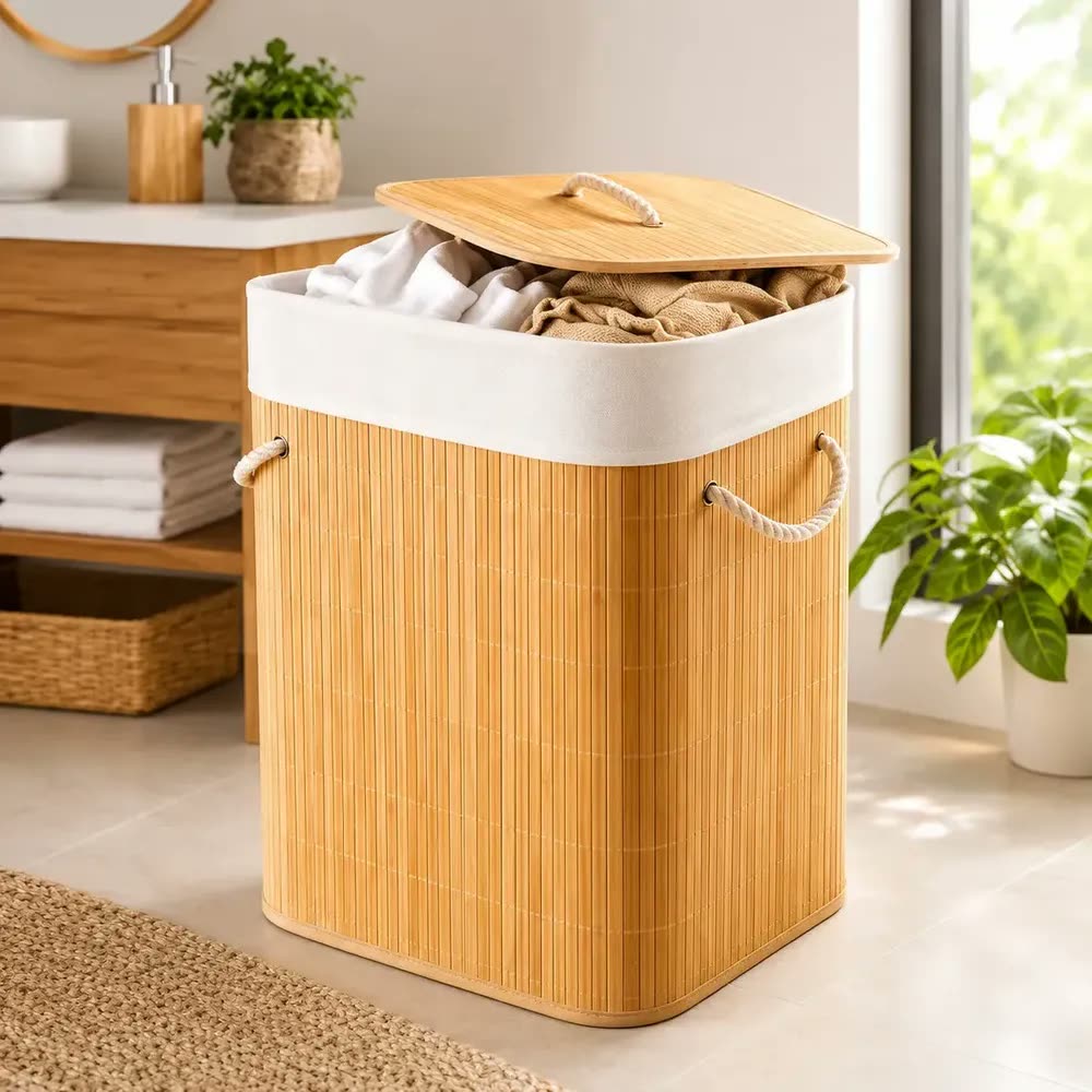 Cesto para Roupa Suja Dobrável de Bambu 72L com Tampa e Forro Removível