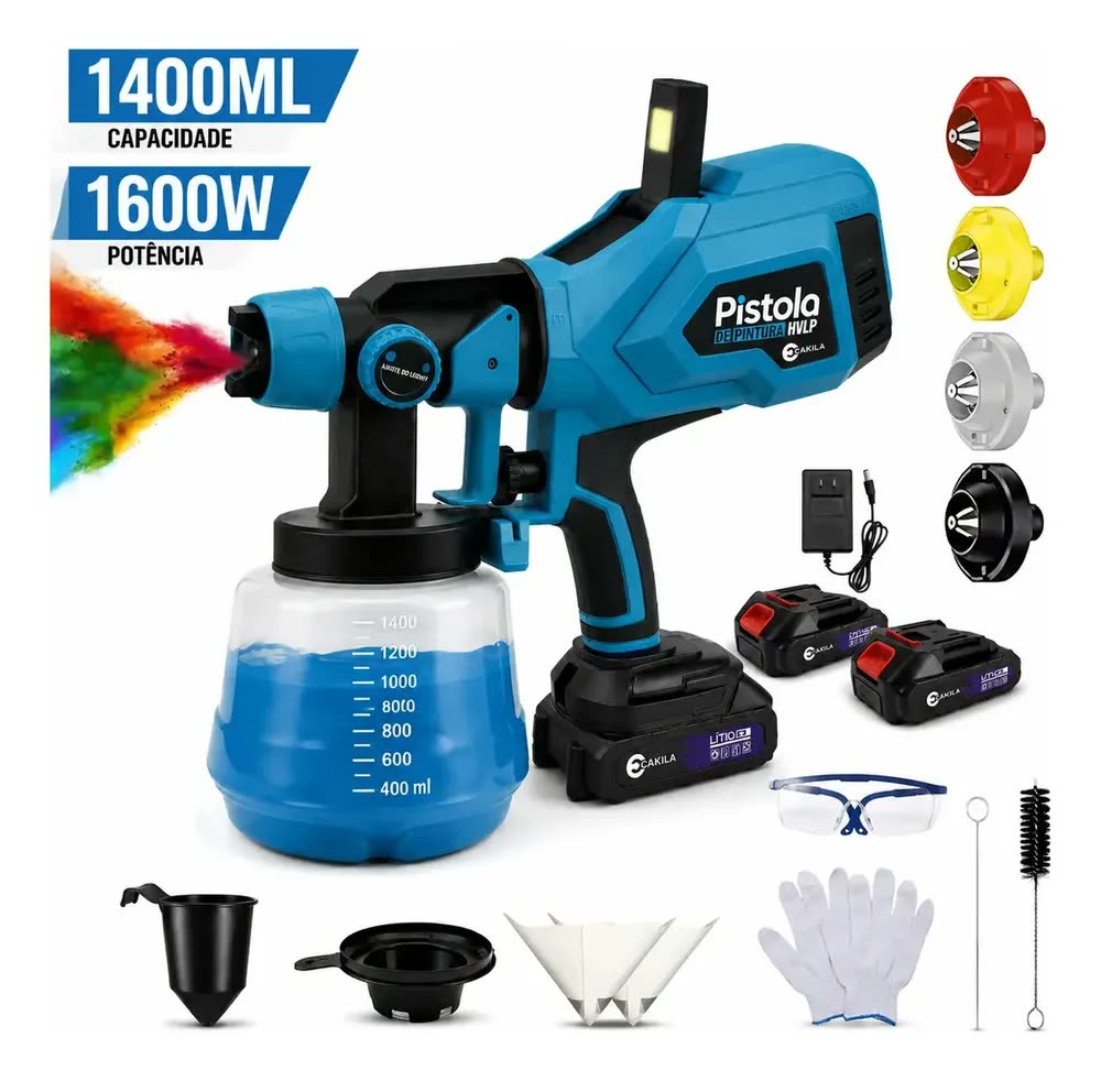 Pistola de Pintura Elétrica HVLP CAKILA Sem Fio Com 2 Baterias Recarregáveis e Reservatório de 1400ml