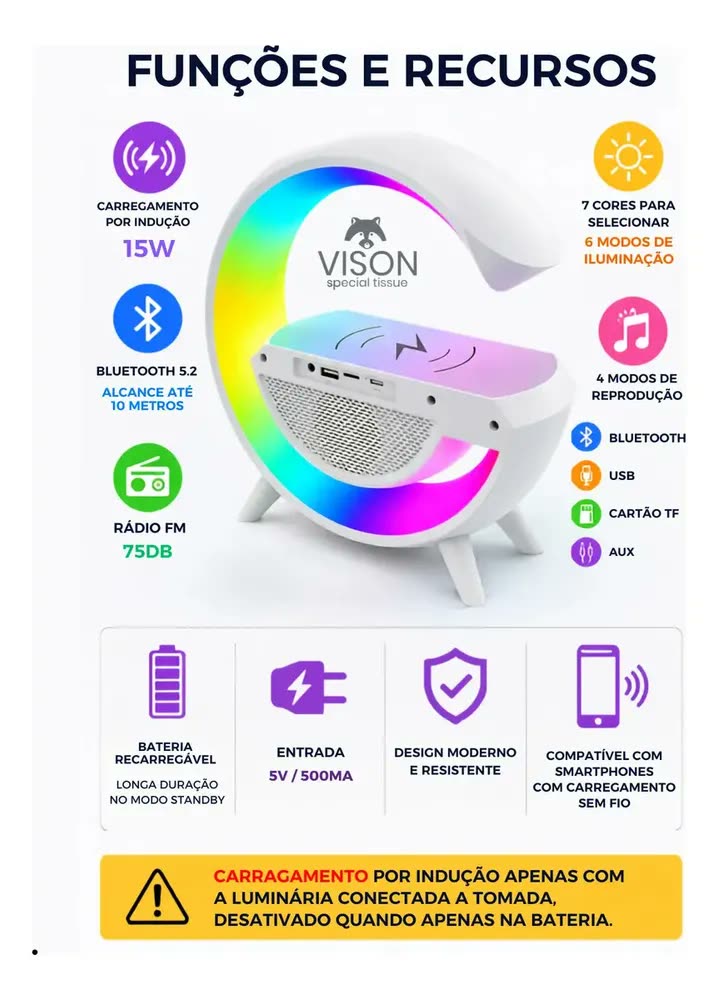 foto de Luminária de Mesa G-speaker Led Rgb Com Carregador Indução 15w Caixa De Som Bluetooth Usb Bivolt Abajur Quarto Multifuncional Radio Fm Bateria Recarregável Vison Special Tissue