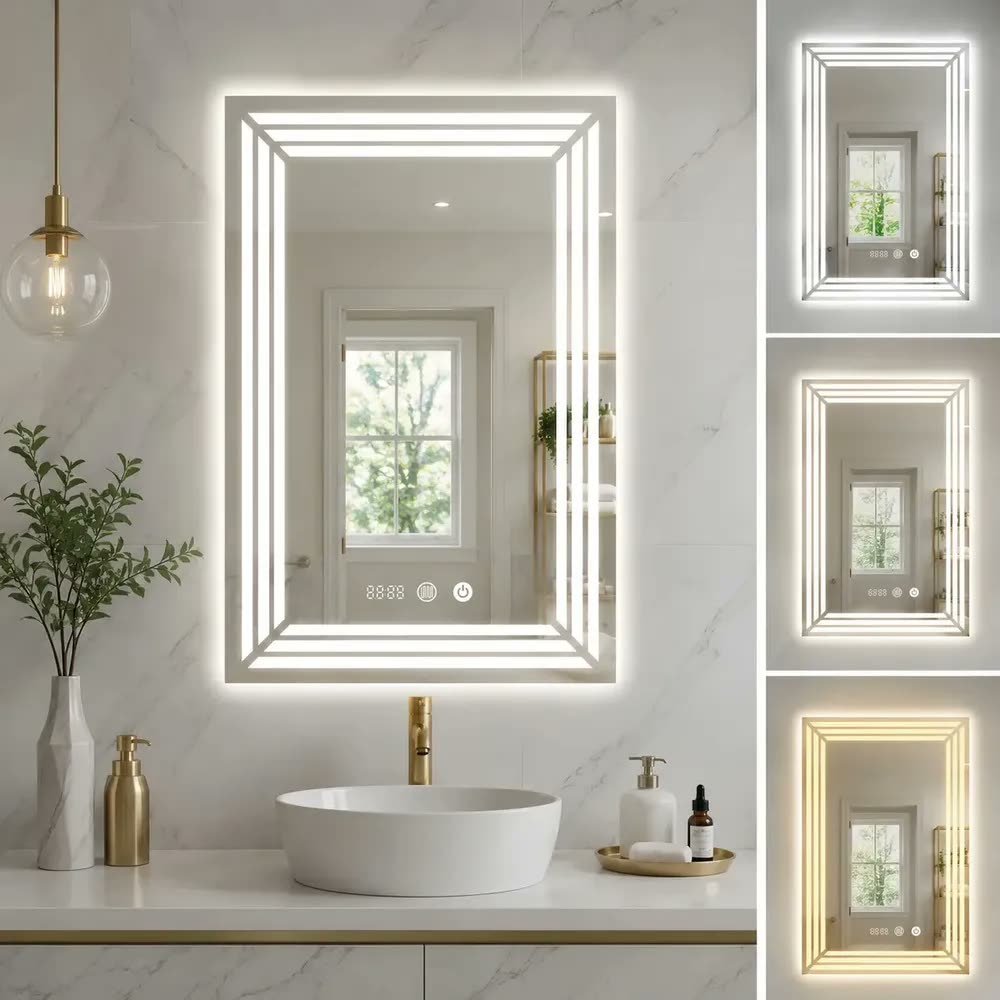 foto de Espelho Retangular de Parede LED Touch 50x70cm, 3 Cores de Luz, Antiembaçante com Relógio, Espelho Decorativo para Banheiro e Quarto, Decoração Minimalista e Luminosa, Design Sofisticado, -02