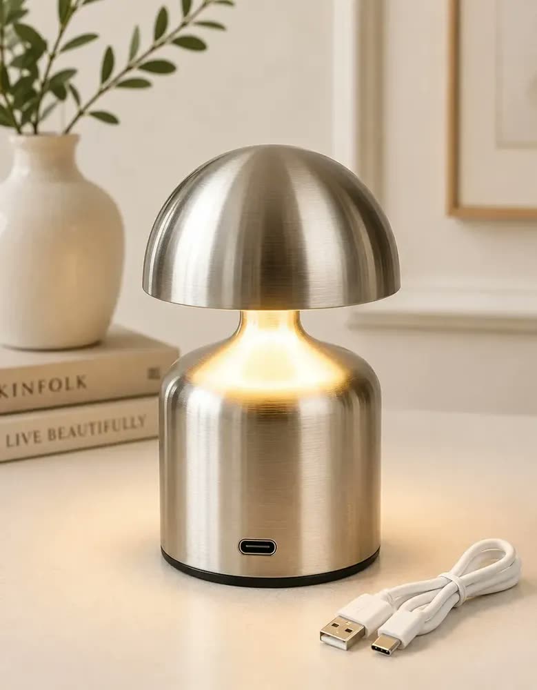 Luminária Abajur De Mesa Led Recarregável Sem Fio Touch Led Redondo Prata Prateado