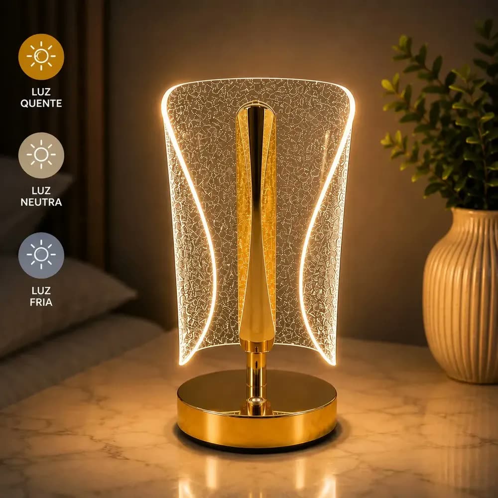 foto de Luminária LED de Mesa Recarregável Dourada EPM Imports, Sem Fio e Com 3 Tons de Luz