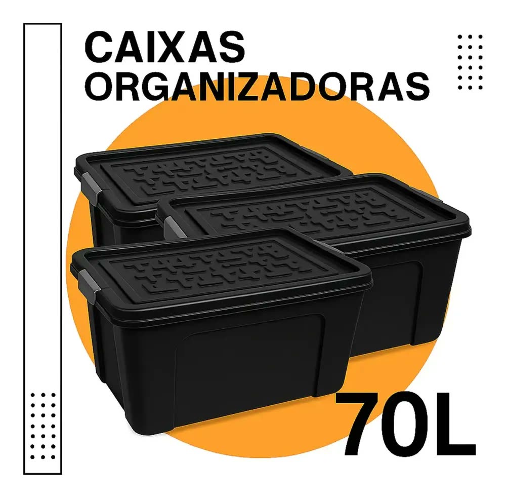 foto de Kit 3 Caixa Organizadora De Plástico 70 Litros Tampa Grande Preto