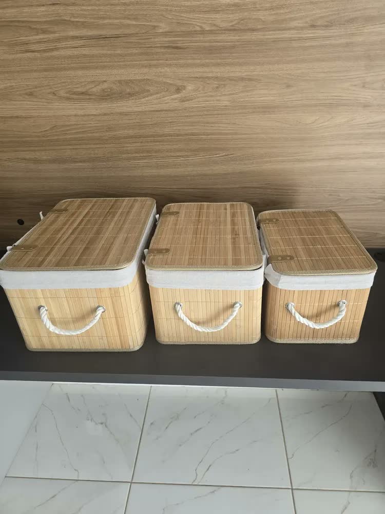 foto de Kit 3 Caixa Cesto Organizador Bambu Tampa Linho 33 36 39cm