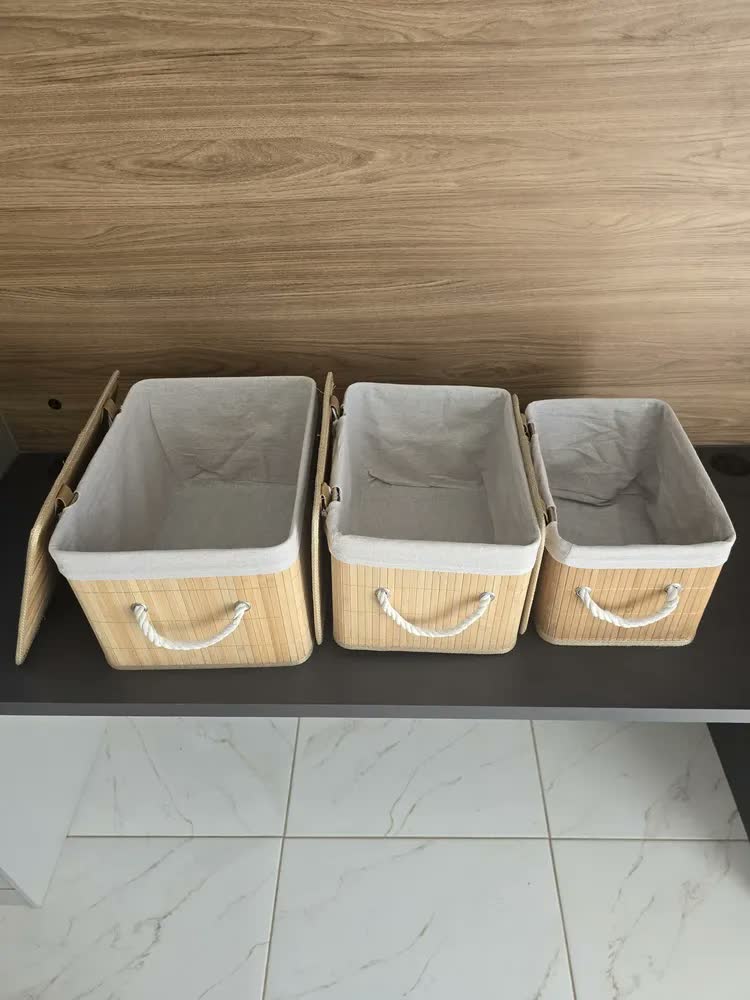 foto de Kit 3 Caixa Cesto Organizador Bambu Tampa Linho 33 36 39cm