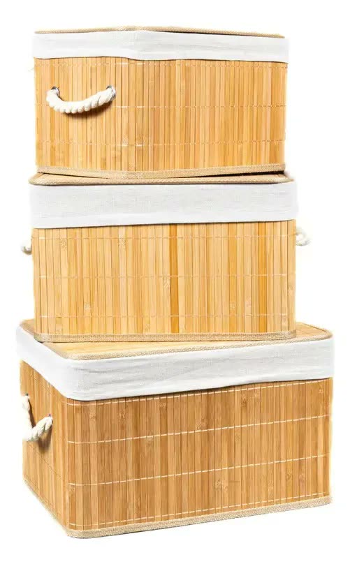 Kit 3 Caixa Cesto Organizador Bambu Tampa Linho 33 36 39cm