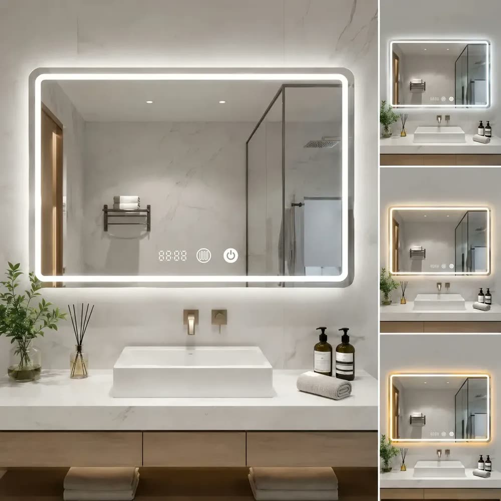 foto de Espelho Retangular de Parede LED Touch 80x60cm, 3 Cores de Luz, Antiembaçante com Relógio, Espelho Grande Decorativo para Banheiro, Decoração Minimalista e Luminosa, Design Elegância,