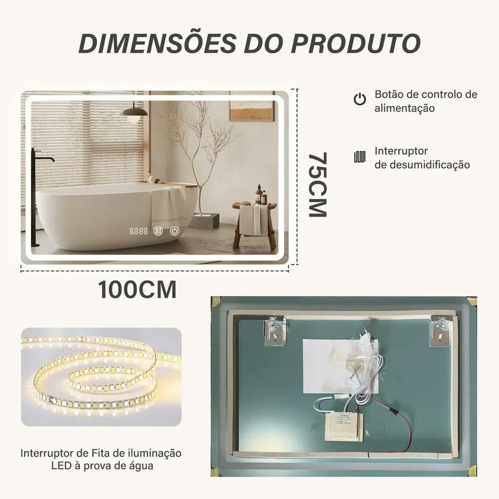 foto de Espelho Retangular de Parede LED Touch 100x75cm, 3 Cores de Luz, Antiembaçante com Relógio, Espelho Grande Decorativo para Banheiro, Decoração Moderna e Luminosa, Design Elegância,