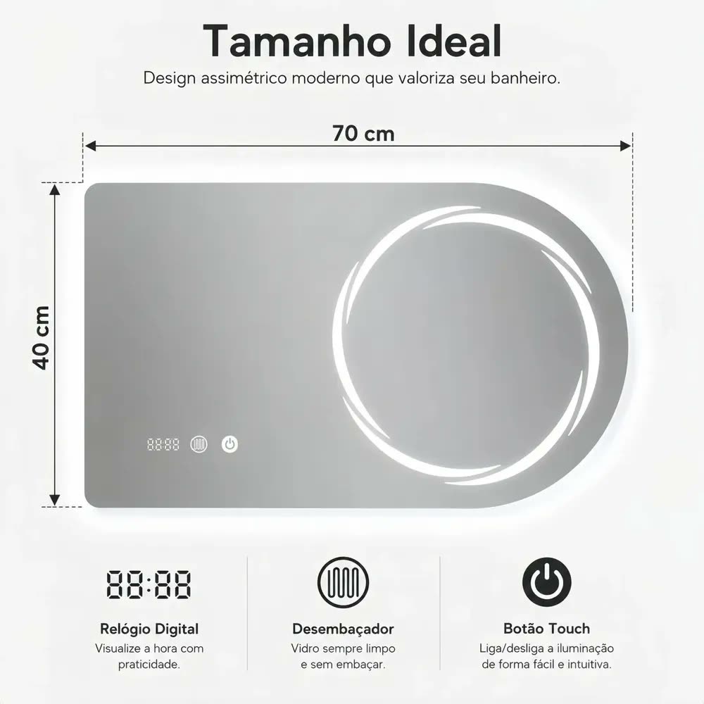 Espelho de Parede Retangular com LED 70x40 cm, 3 Cores e Antiembaçante