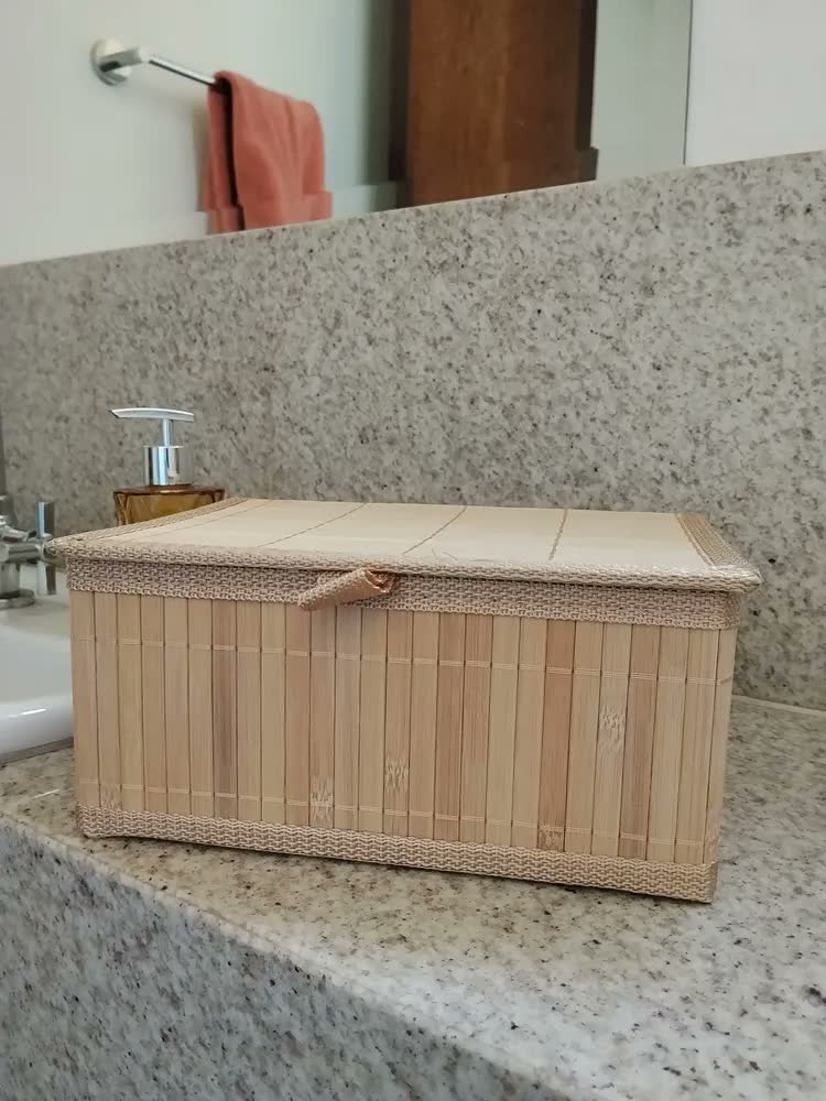foto de Cestos Caixa Organizadora De Bambu 24x18 Com Tampa E Forro P Bambu