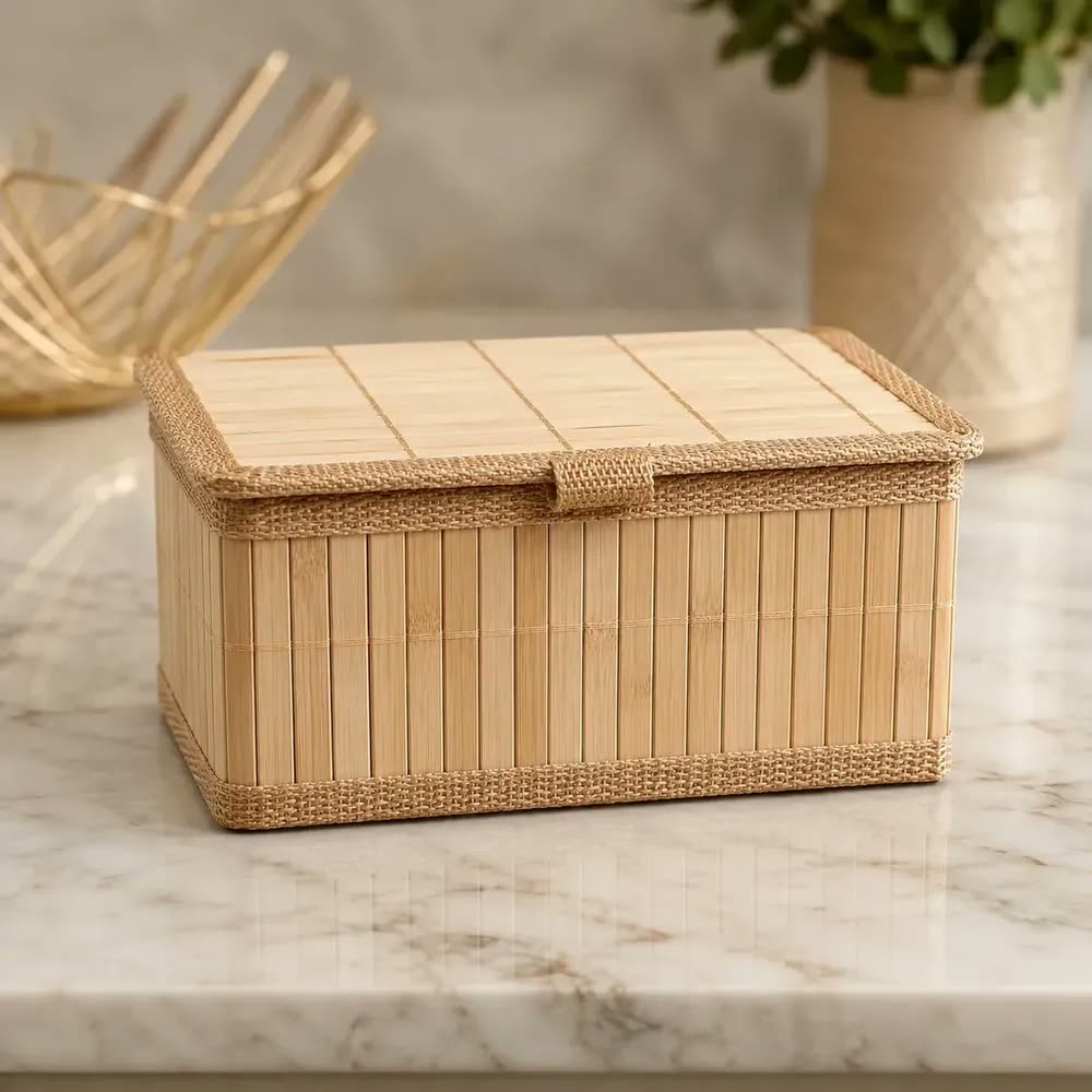 Cestos Caixa Organizadora De Bambu 24x18 Com Tampa E Forro P Bambu
