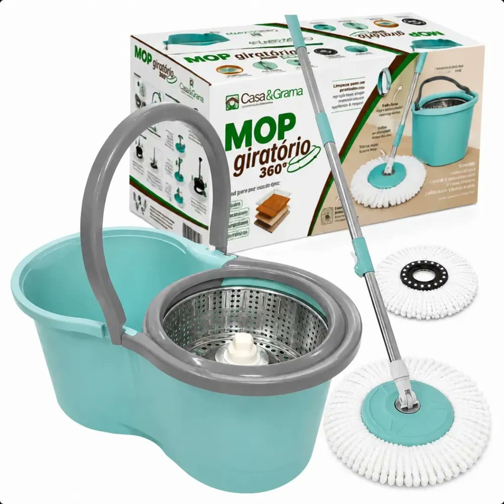 Mop Esfregão Giratório Balde Inox 13 Litros + Refil Microfibra + Cabo Longo 1,6 Metros Casa&Grama