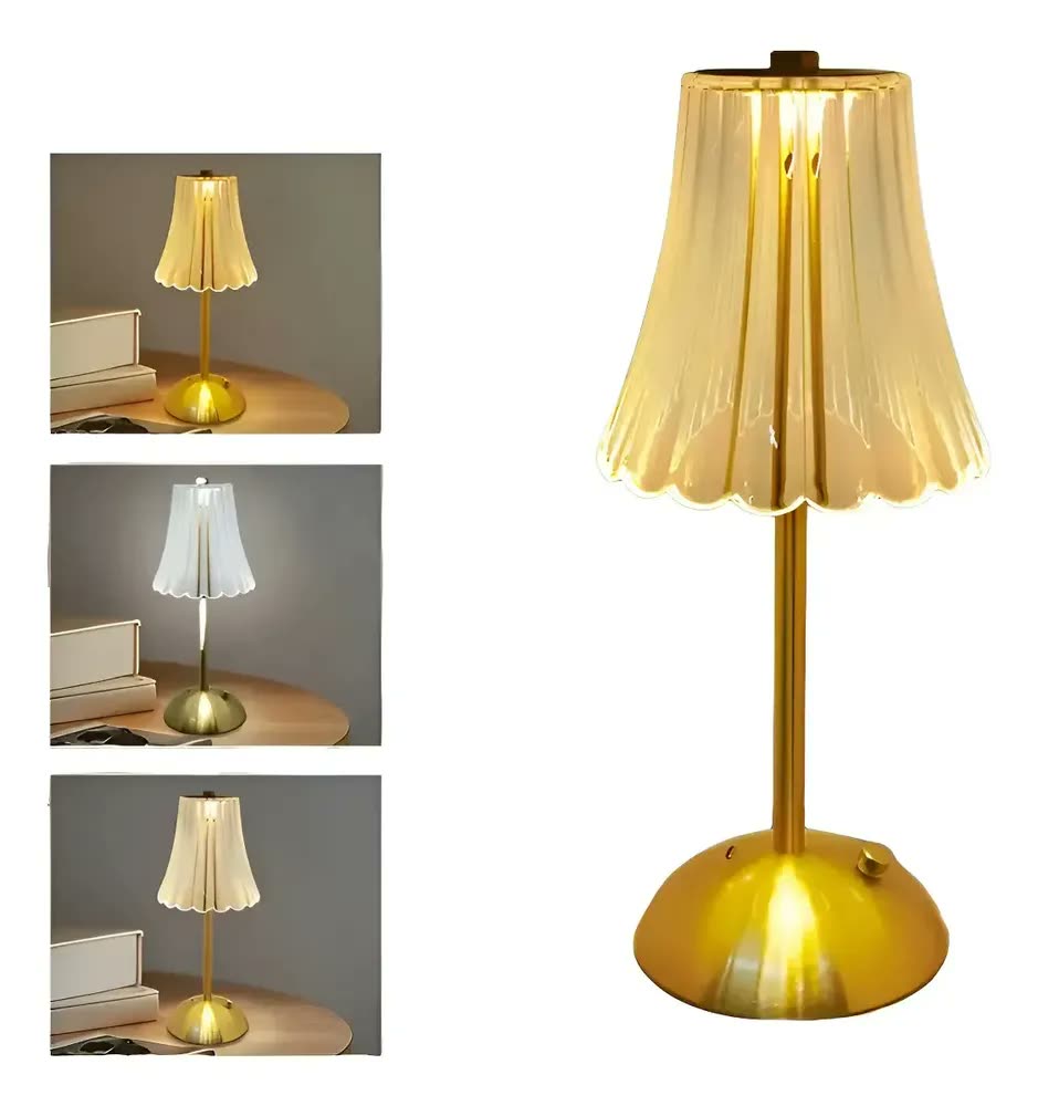 Abajur Mesa Saia De Seda Com Barra Led Sensor Sem Fio 3 Cor Dourado 0
